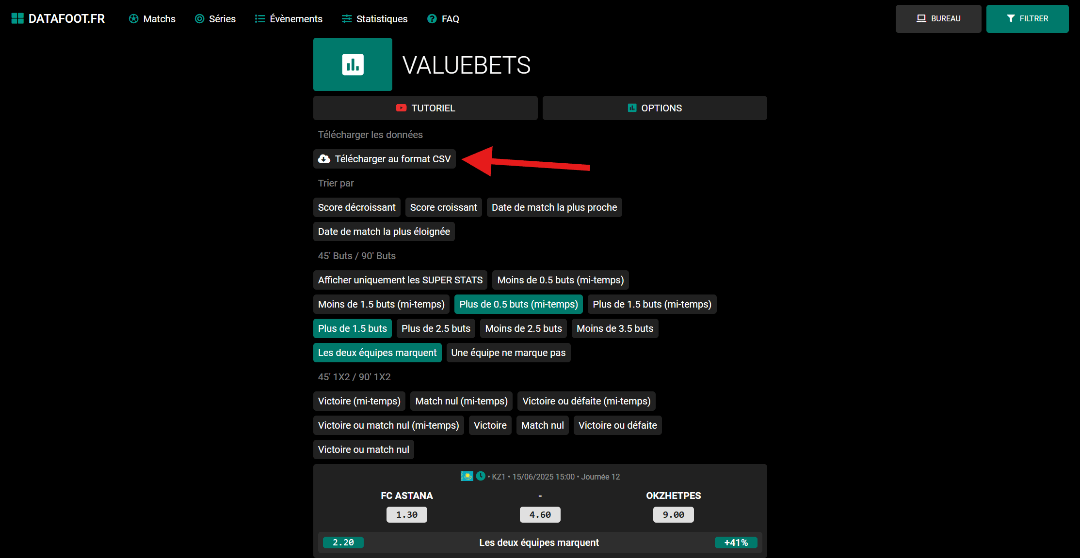 Téléchargez vos données au format CSV dans l’interface intuitive et facile d’utilisation de Datafoot